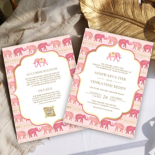 Invitation Eléphant rose et or en un seul Mariage indien
