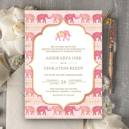 Invitation Eléphant rose et or en un seul Mariage indien