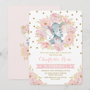 Invitation Eléphant rose et or joli 1er Anniversaire Jungle