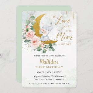 Invitation Eléphant rose Floral 1er Anniversaire Crescent Moo