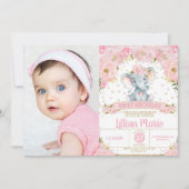 Invitation Eléphant rose floral 1er anniversaire fille photo (Devant)