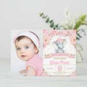 Invitation Eléphant rose floral 1er anniversaire fille photo (Debout devant)