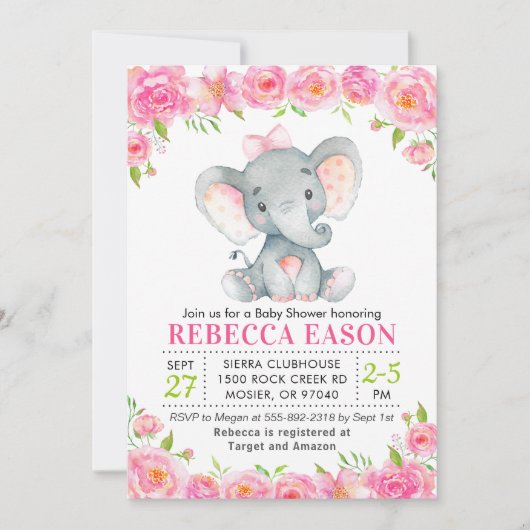 Invitation Eléphant rose Floral Baby Girl Douche aspersion (Devant)