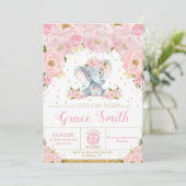 Invitation Eléphant rose Floral Co-Ed fille Baby shower (Debout devant)