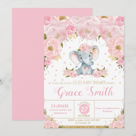 Invitation Eléphant rose Floral Co-Ed fille Baby shower (Devant / Derrière)