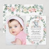 Invitation Elephant rose floral verdure 1er anniversaire Phot (Devant / Derrière)