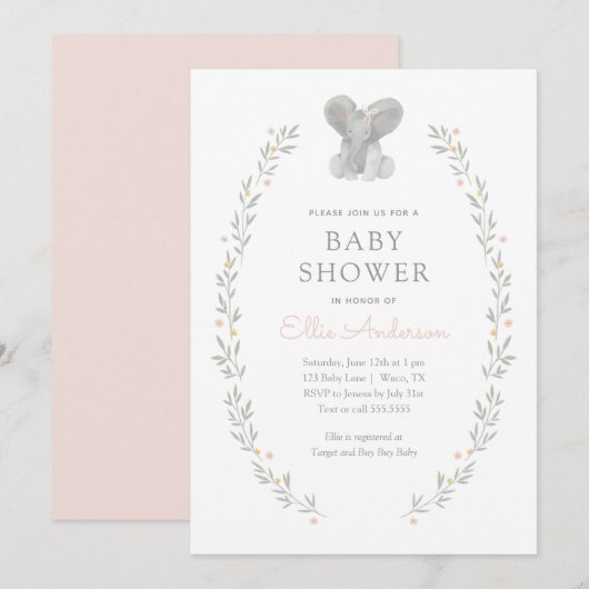 Invitation Eléphant rose Floral Vert Fille Baby shower (Devant / Derrière)