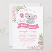 Invitation Eléphant rose & Floral Virtual Baby Girl Douche (Devant)