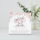 Invitation Eléphant rose Gris Diamant Baby shower floral (Debout devant)