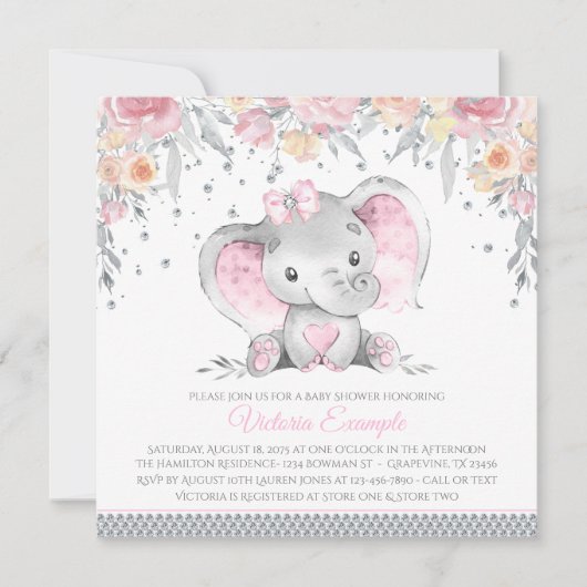 Invitation Eléphant rose Gris Diamant Baby shower floral (Devant)
