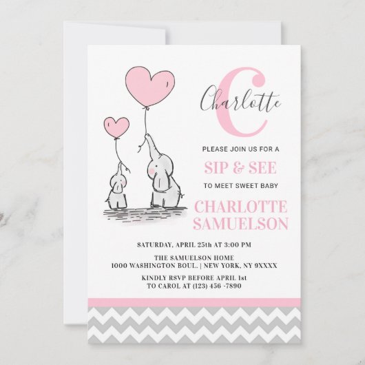 Invitation Eléphant rose moderne SIP & VOIR Baby Girl (Devant)
