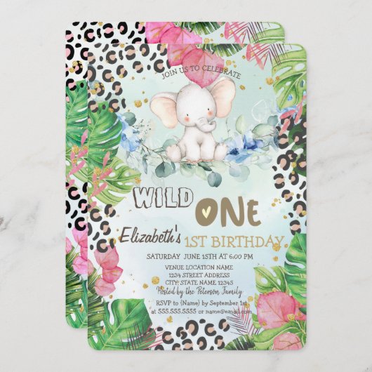 Invitation Elephant Rose Palm Feuilles 1er (Devant / Derrière)