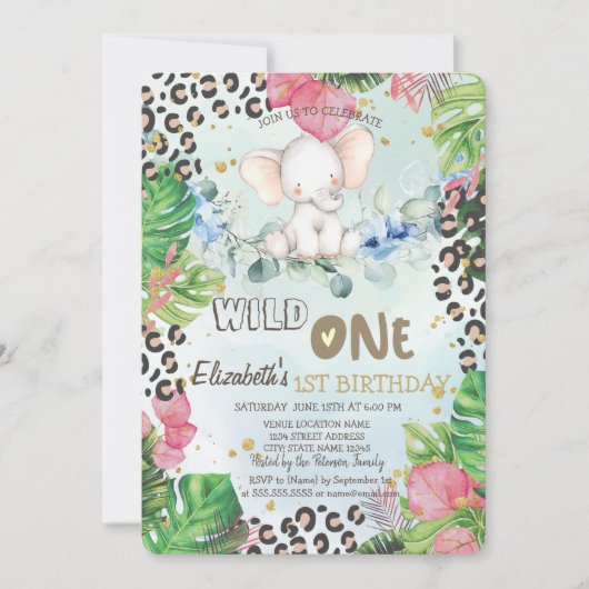 Invitation Elephant Rose Palm Feuilles 1er (Devant)