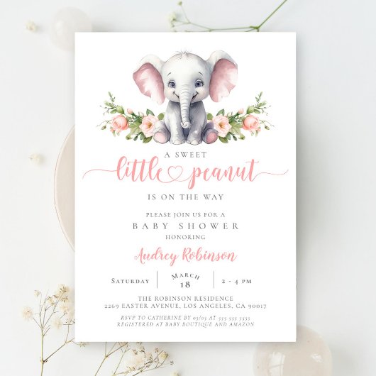 Invitation Eléphant rose Petit Arachide Bébé Fille Douche
