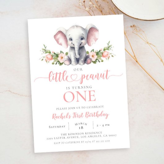 Invitation Eléphant rose Petite fille d'arachide 1er annivers