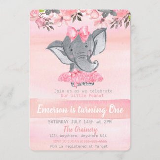 Invitation Eléphant rose Premier anniversaire, Filles d'arach