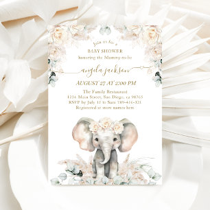 Invitation Eléphant Roses Blanches Boho Pampas Baby Girl Douc