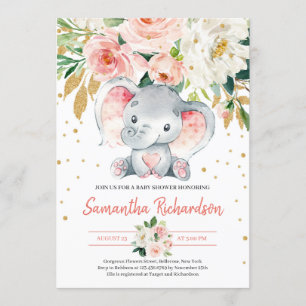 Invitation Eléphant rustique BLush Pink FLoral Baby