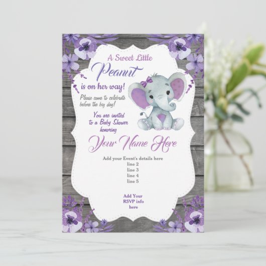 Invitation éléphant rustique violet modifiable (Debout devant)