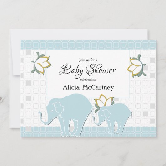 Invitation Elephant Safari Floral Blue & Grey Boy Baby shower (Devant)
