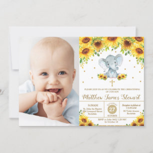 Invitation Eléphant Tournesol Christening Baptême garçon Phot