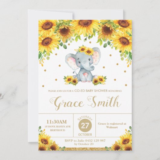 Invitation Eléphant Tournesol Floral Co-Ed Baby shower fille (Devant)