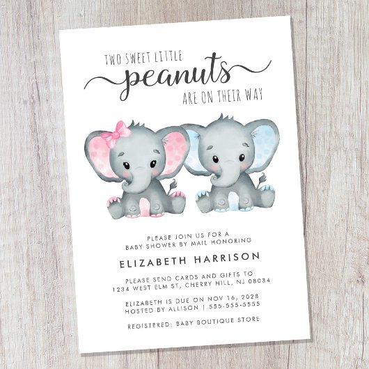 Invitation Elephant Twin Girl Baby shower garçon par courrier