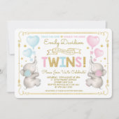 Invitation Elephant Twins Baby shower bleu rose or garçon fil (Devant)