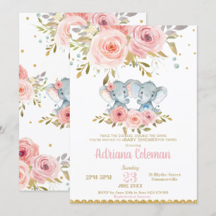 Invitation Eléphant Twins Boy Girl Baby shower Floral rose