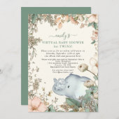 Invitation Elephant Twins Florals Sage Baby shower virtuel (Devant / Derrière)