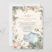 Invitation Eléphant Twins Floraux Coral Baby shower virtuel (Devant)
