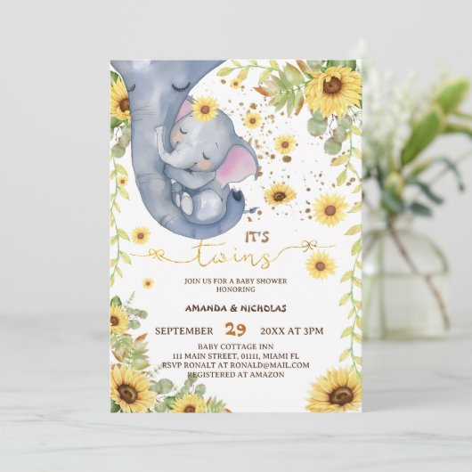 Invitation Elephant Twins verdure Baby shower Boho (Debout devant)