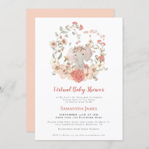 Invitation Eléphant Vintage Foliage Peach Baby shower virtuel