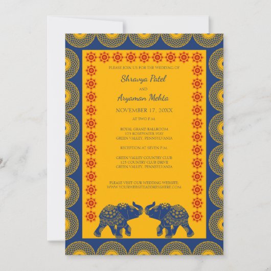 Invitation Eléphants à thème indiens en Mariage bleu royal (Devant)