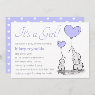Invitation Eléphants Baby shower Lilac Heart Balloons