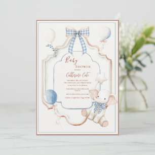 Invitation Éléphants Ballons Bébé Cadre Bleu Vintage