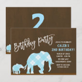 Invitation Éléphants Bleus Fête d'Anniversaire Moderne Marron (Devant / Derrière)