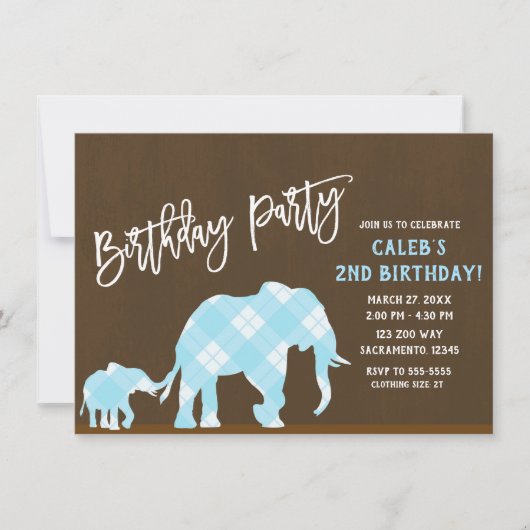Invitation Éléphants Bleus Fête d'Anniversaire Moderne Marron (Devant)