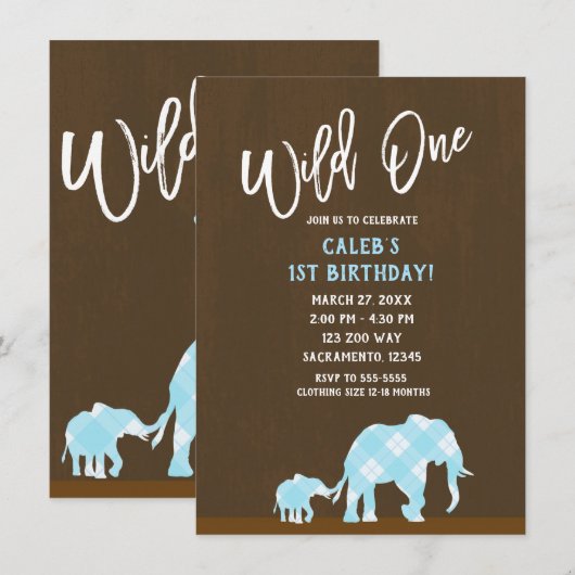 Invitation Éléphants Bleus Marron Moderne WILD ONE 1er Annive (Devant / Derrière)
