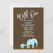 Invitation Éléphants Bleus Marron Moderne WILD ONE 1er Annive (Devant)
