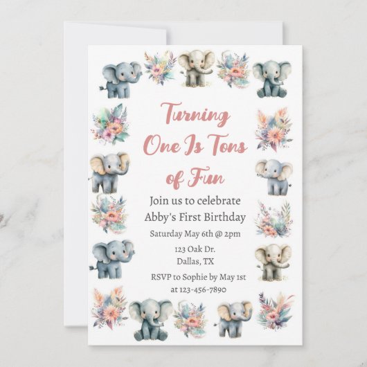 Invitation Eléphants & Boho Jungle Fleurs Anniversaire (Devant)