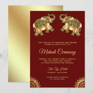 Invitation Éléphants en or rouge Cérémonie de Mehndi au henné