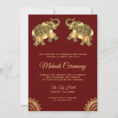 Invitation Éléphants en or rouge Cérémonie indienne de Mehndi (Devant)