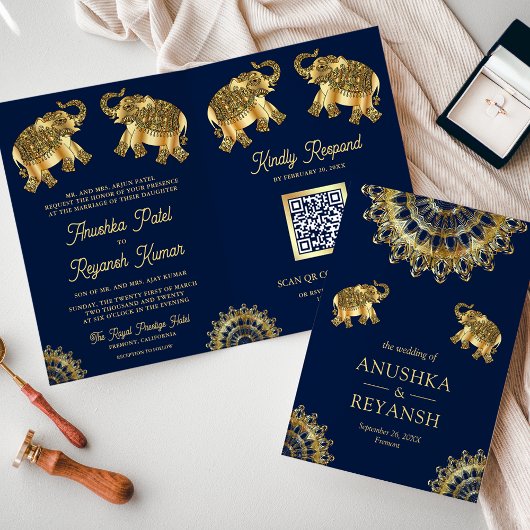 Invitation Éléphants ethniques indiens Code QR Mariage Or Ble