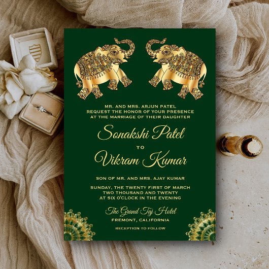 Invitation Eléphants Ethniques Vert Or Indien Mariage Invitat