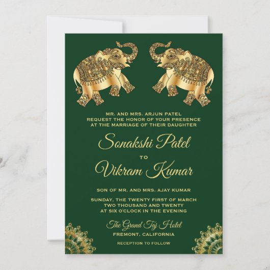 Invitation Eléphants Ethniques Vert Or Indien Mariage Invitat (Devant)