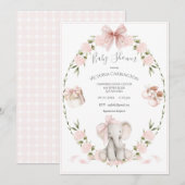 Invitation Éléphants Fleurs Hydrangeas Rose Fille Baby Shower (Devant / Derrière)