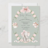 Invitation Éléphants Fleurs Hydrangeas Sauge Fille Baby Showe (Devant)