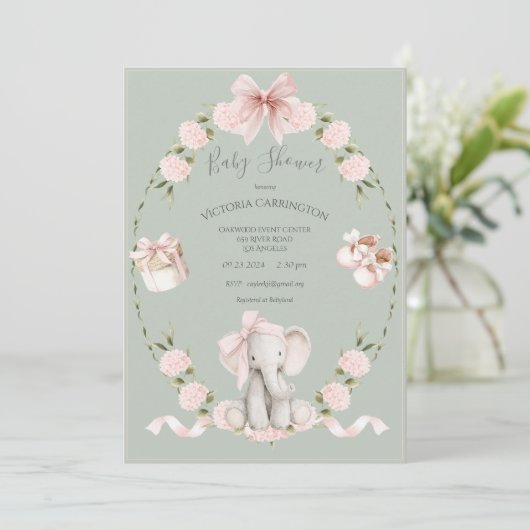 Invitation Éléphants Fleurs Hydrangeas Sauge Fille Baby Showe (Debout devant)