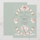 Invitation Éléphants Fleurs Hydrangeas Sauge Fille Baby Showe (Devant / Derrière)